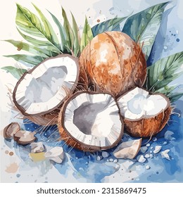 Hand drawn watercolor painting on white background. Tropical palm leaves with Coconuts isolated. Nature Fruit illustration. Eco vegan organic food