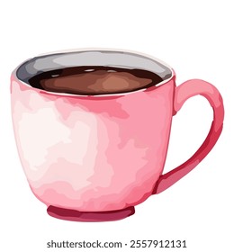 Hand drawn watercolor painting of a pink coffee mug isolated on a white background.