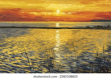 hand drawn watercolor painting of sunset beach and grass. Seascape painting with sea, wave, horizon, island, sunlight, reed grass, breeze, sand and beautiful sunset sky