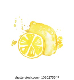 Hand drawn watercolor painting of whole and slice of lemon. Citrus fruit. Organic and tasty food. Healthy nutrition. Vector design for product label or packing sweets