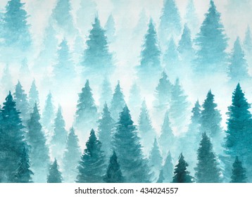 Hand Drawn Watercolor Painting of Winter Forest Landscape. Vector Taiga