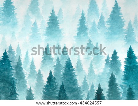 Hand Drawn Watercolor Painting of Winter Forest Landscape. Vector Taiga