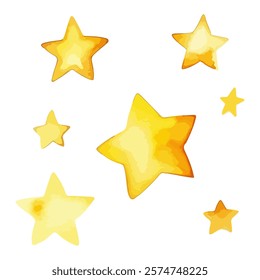 Hand drawn watercolor painting of a yellow stars in various sizes with soft texture isolated on a white background. Vector design for dreamy designs, children's projects