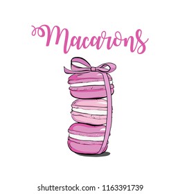 Hand drawn watercolor pile of pink macaron cakes, french pastry dessert. Vector illustration, isolated on white background. Set off macaroons with ribbon bow. Fashion clip art