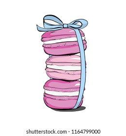 Hand drawn watercolor pile of pink macaron cakes, french pastry dessert. Vector illustration, isolated on white background. Set off macaroons with ribbon bow. Fashion clip art