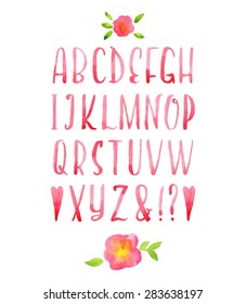 Hand drawn watercolor pink calligraphic font.