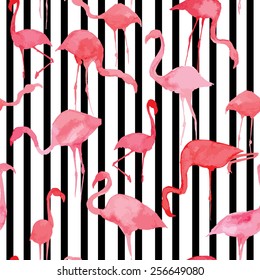 Hand drawn watercolor pink flamingo silhouette on a background of black and white stripes. Fashion summer seamless wallpaper pattern