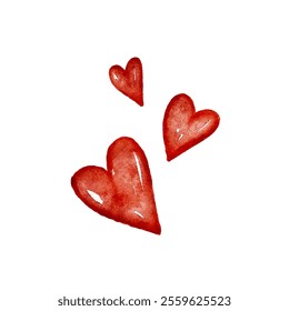 Hand drawn watercolor red hearts in various sizes on a white background expressing love and affection