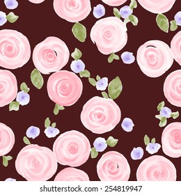  hand drawn watercolor roses and cute little flowers seamless pattern. vector illustration