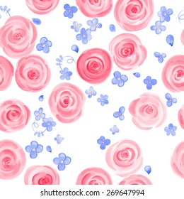 hand drawn watercolor roses and cute little flowers seamless pattern. vector illustration