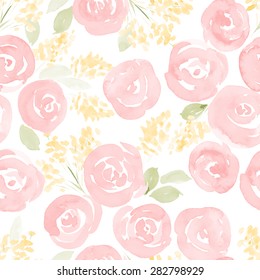 Hand Drawn Watercolor Roses And Cute Little Flowers Seamless Pattern. Vector Illustration