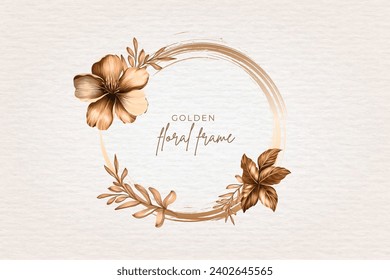 Hand drawn watercolor rustic golden floral frame design background