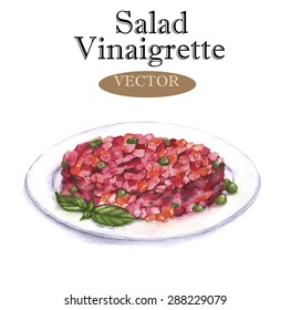 Hand drawn watercolor salad Vinaigrette on the plate isolated on the white background in vector