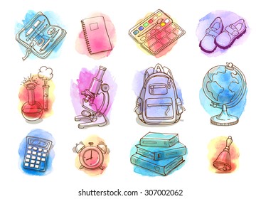 Hand Drawn Watercolor School And Education Icon Set. Doodle Back To School Background.