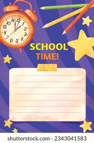 Hand drawn watercolor school time card template, Back to school background