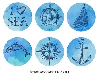 Hand drawn watercolor sea set with vector nautical icons.