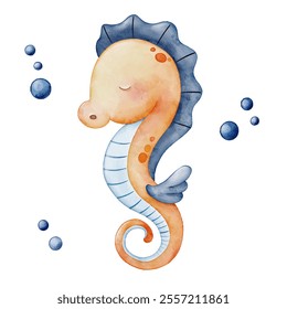 Hand drawn watercolor seahorse. Vector illustration. Cartoon style