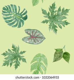 Hand drawn watercolor seamless pattern. Botanical background of Green leaves tropical plants. Floral Design elements. Perfect for invitations, greeting cards, blogs, posters