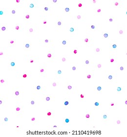 Hand drawn watercolor seamless pattern with dots in blue, purple and pink colors. Holiday background, cute packaging, wrapping design.