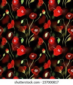 Hand drawn watercolor seamless pattern with red poppies on the black background