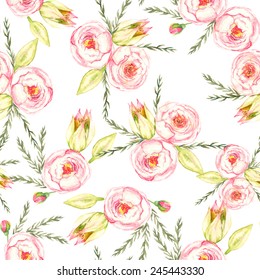 Hand drawn watercolor  seamless pattern with tender  different flowers on the white background