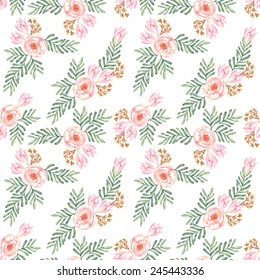 Hand drawn watercolor  seamless pattern with tender  different flowers and leaves on the white background