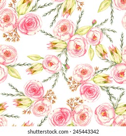 Hand drawn watercolor  seamless pattern with tender  different flowers on the white background