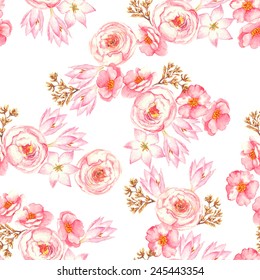 Hand drawn watercolor  seamless pattern with tender  different flowers on the white background