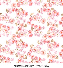 Hand drawn watercolor  seamless pattern with tender  different flowers on the white background