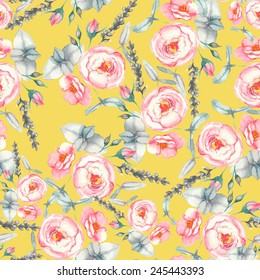 Hand drawn watercolor  seamless pattern with tender  different flowers and leaves on the yellow background