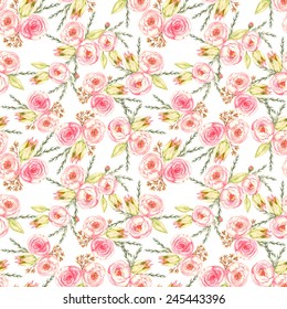 Hand drawn watercolor  seamless pattern with tender  different flowers on the white background