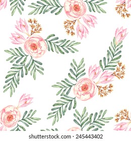 Hand drawn watercolor  seamless pattern with tender  different flowers and leaves on the white background