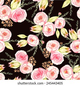 Hand drawn watercolor  seamless pattern with tender  different flowers and leaves on the dark background