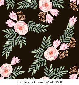 Hand drawn watercolor  seamless pattern with tender  different flowers and leaves on the dark background