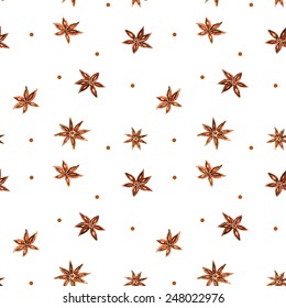 Hand drawn watercolor seamless pattern with brown anise stars on the white background. Vector