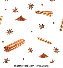 Hand drawn watercolor seamless pattern with spices: cinnamon and anise stars. Vector