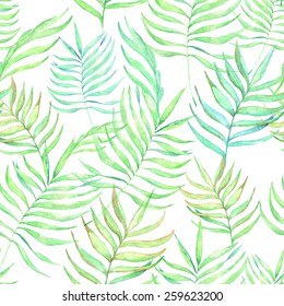 Hand drawn watercolor seamless pattern with green tropical leaves on the white background in vector