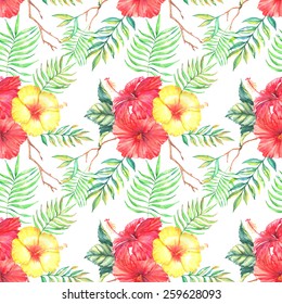 Hand drawn watercolor seamless pattern with colorful tropical hibiscus flowers and leaves on the white  background in vector