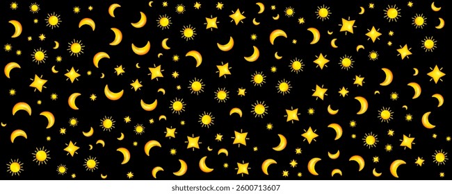 Hand drawn watercolor seamless pattern. Crescent moon and stars.
