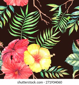 Hand drawn watercolor seamless pattern with colorful exotic hibiscus flowers and tropical leaves.
