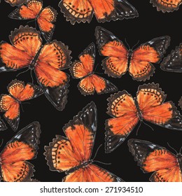 Hand drawn watercolor seamless pattern with colorful tropical butterflies in vector on the black background.