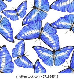 Hand drawn watercolor seamless pattern with colorful blue tropical butterflies in vector.