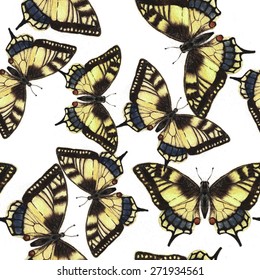 Hand drawn watercolor seamless pattern with colorful tropical butterflies in vector.