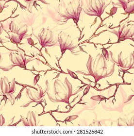 Hand drawn watercolor seamless pattern with tender pink spring magnolia blossom in vector