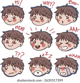 Hand drawn watercolor A Set of A Boy Cute Expressions