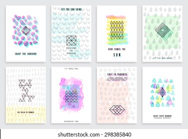 Hand drawn watercolor set of cards. Vector template for posters, flyers and other designs.