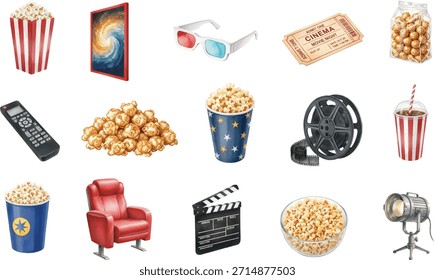 Hand drawn watercolor set featuring various elements for a cinema or movie night, including popcorn, 3D glasses, ticket, remote, film reel, and spotlight.