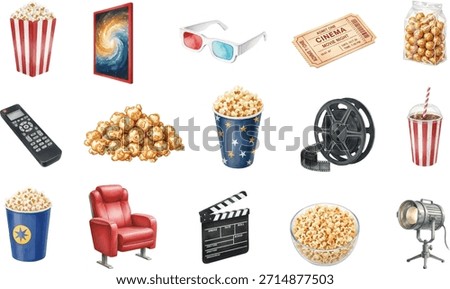 Hand drawn watercolor set featuring various elements for a cinema or movie night, including popcorn, 3D glasses, ticket, remote, film reel, and spotlight.