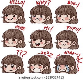 Hand drawn watercolor A Set of Little Girl Cute Expressions