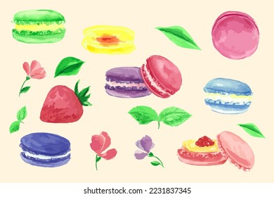 Hand drawn watercolor set of macaroons. Watercolor vector macaroons. French dessert. Coffee house. Bakery. Mental dessert. France. Coffee houses.